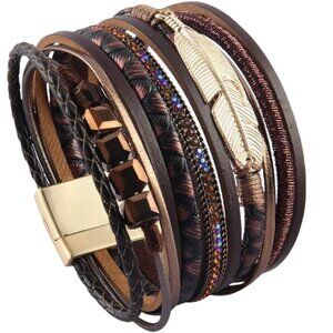 NWT Brown Leather Gold Feather Beaded Boho Western Wrap Cuff Bracelet Bangle